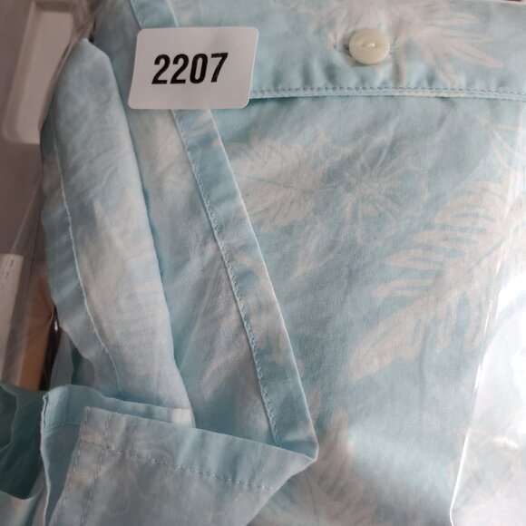 Hawaiian Short Sleeve Blue Button Up Shirt Pocket 2XL Palm Leaves - Picture 9 of 9